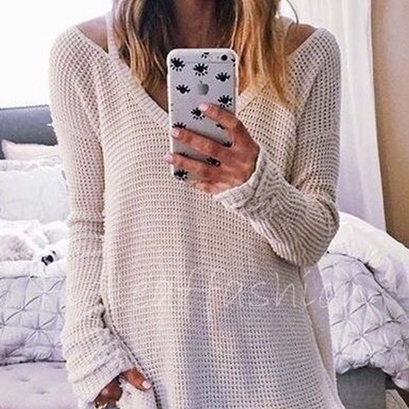 Figleaffashion Tops - Boho Knit Cold Shoulder Henley Top Sweater